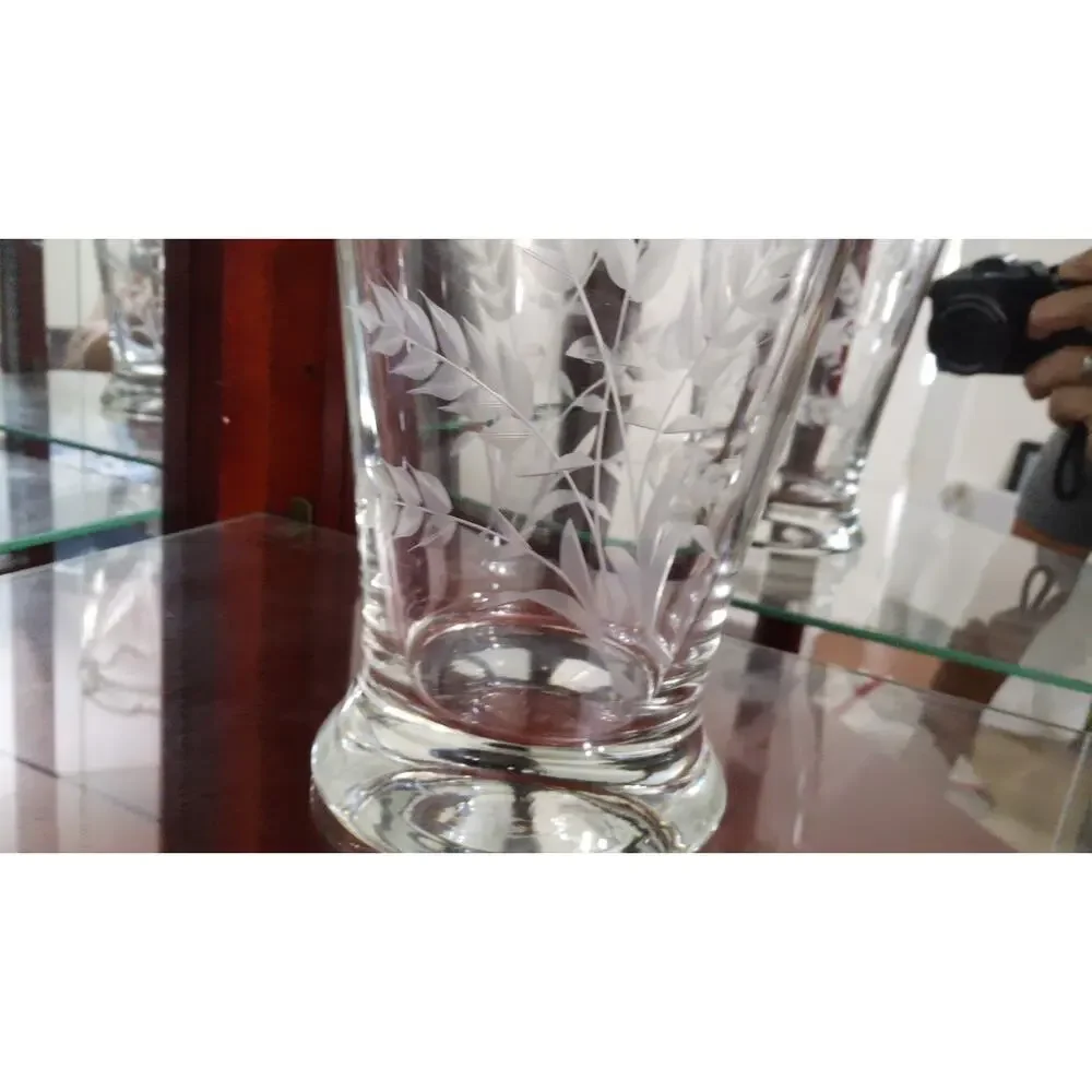 Hand Blown Clear Vase Etched Wheat Pattern‎ Initial A Ribbon Rim 9” Vintage